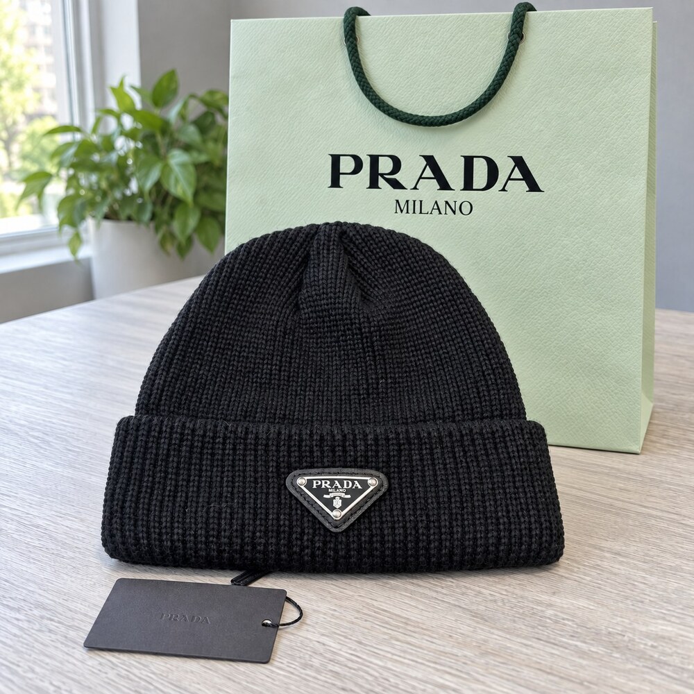 Prada Black Ribbed Triangle Logo Beanie